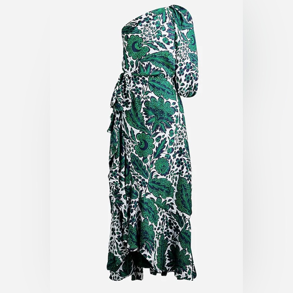 J.Crew Collection one-shoulder ruffle-hem dress in emerald floral.